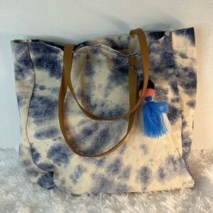 Tie-Dye Canvas Tote Bag with Tassel - Blue